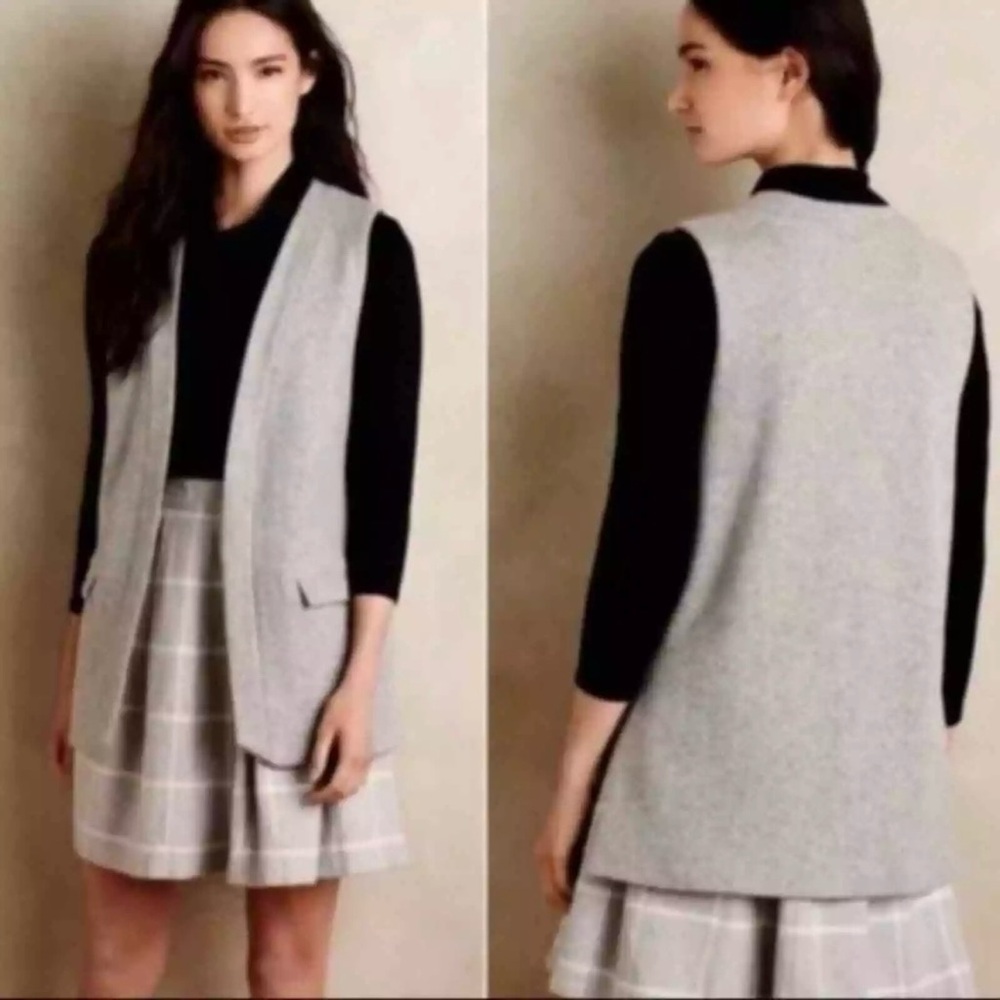 Anthropologie Elevenses Wool Vest Womens Small Gray Pockets Academia Layer Open